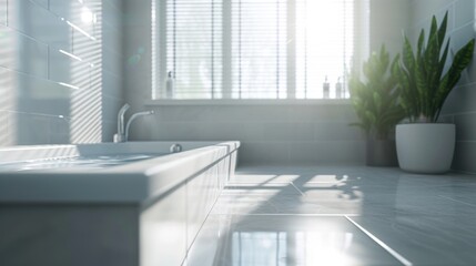 Canvas Print - A bath tub sitting next to a window in a bathroom. Perfect for showcasing a relaxing and cozy bathroom space