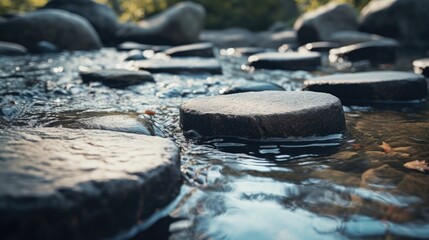 Wall Mural - A picture of a stream of water with stepping stones. Ideal for nature-themed designs and outdoor adventure concepts