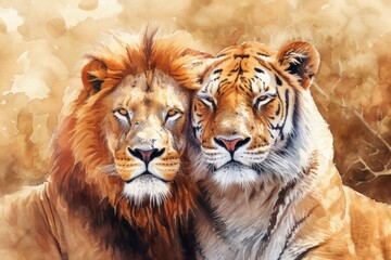 Poster - Two lions sitting side by side, showcasing their majestic presence. Perfect for wildlife enthusiasts or animal-themed projects