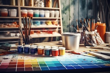 Poster - A table filled with an assortment of paint and brushes. Perfect for artists and art enthusiasts