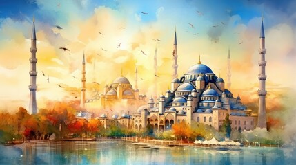 Poster - A painting of a grand building situated near a serene body of water. Perfect for architectural or travel-related projects