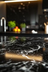 Sticker - A picture of a black marble counter top with a bowl of fruit in the background. This image can be used for kitchen or dining related designs