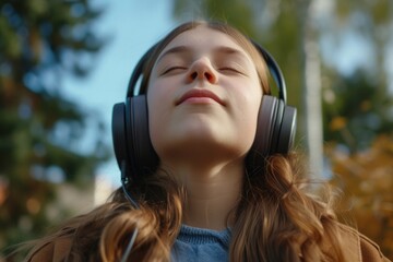Wall Mural - A young girl wearing headphones, enjoying music. Perfect for illustrating the joy of listening to music and the use of technology in everyday life