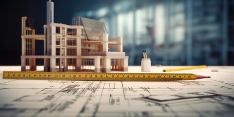 Poster - A model of a building placed on top of a blueprint. Suitable for architectural design, construction planning, and real estate concepts