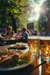 Poster - Delicious food and refreshing beer on a table. Perfect for restaurant menus or food and drink related content