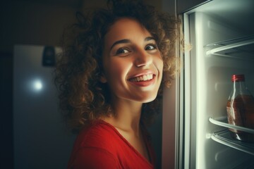 Poster - Woman standing in front of an open refrigerator. Versatile image suitable for various lifestyle, health, and food-related topics