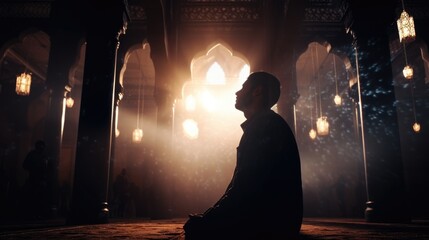 Aufkleber - A man is sitting in a dark room. This image can be used to depict loneliness, contemplation, or solitude