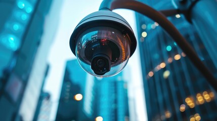 Poster - A surveillance camera positioned in the heart of a bustling city. This image can be used to depict urban security, monitoring, or technology advancements