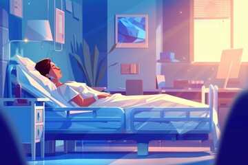Poster - A person laying in a hospital bed in a room. Suitable for medical or healthcare-related projects