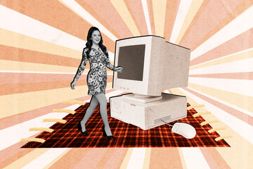 Poster - Collage image of mini positive black white effect girl walking carpet big retro computer mouse monitor isolated on creative paper background