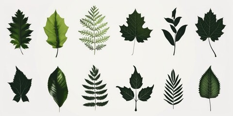 Poster - A collection of various types of leaves arranged on a white surface. Perfect for nature-themed designs or botanical illustrations