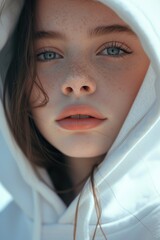 Aufkleber - A close-up shot of a person wearing a hoodie. This versatile image can be used in various contexts