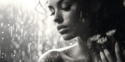 Poster - A woman holding a bunch of flowers in the rain. This image can be used to depict love, resilience, or the beauty in difficult times