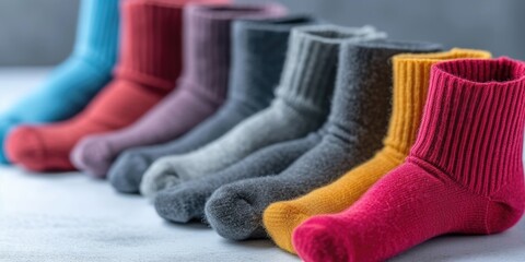 Poster - Colorful socks neatly arranged on a table. Great for fashion, clothing, or laundry-related designs