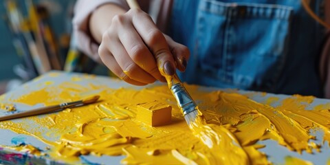 Poster - A person is painting on a yellow surface. This image can be used for various creative projects