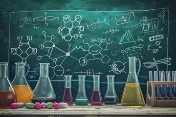 Poster - Laboratory flasks arranged on a wooden table. Ideal for scientific research or educational purposes