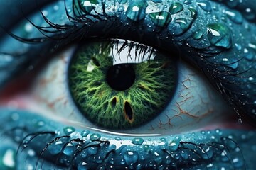 Poster - A close-up view of a person's eye with water droplets on it. This image captures the beauty and detail of the eye, enhanced by the glistening water droplets.