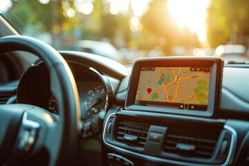Poster - A close-up view of a car dashboard with a GPS device. Perfect for illustrating modern technology in automobiles.