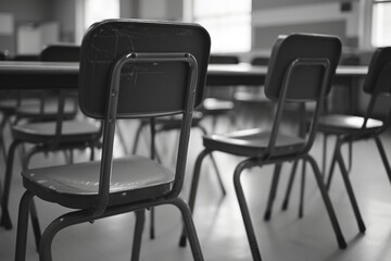 Canvas Print - A black and white photo of a classroom. Perfect for educational materials and nostalgic projects