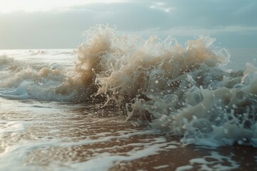 Poster - A close up view of a wave crashing on a sandy beach. Ideal for beach-themed designs or ocean-related projects