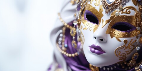 Poster - A detailed view of a mask adorned with a purple scarf. This versatile image can be used in various contexts