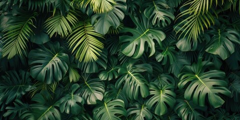 Poster - A bunch of green leaves placed on a wall. Can be used as a background or for nature-themed designs