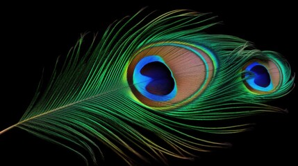 Poster - A close-up view of a vibrant peacock feather against a dark black background. This image can be used to add a touch of elegance and beauty to various design projects