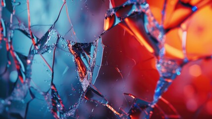 Poster - Broken glass with a red light in the background. Suitable for concepts related to danger, destruction, or accidents