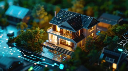 Sticker - A model of a house with a solar panel on the roof. Ideal for illustrating renewable energy, eco-friendly living, and sustainable architecture