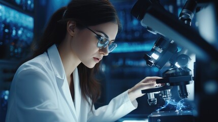 Poster - A woman in a lab coat is focused as she looks through a microscope. This image can be used to depict scientific research, laboratory work, or education