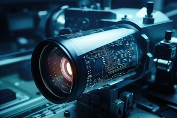 Poster - A detailed close-up of a camera lens attached to a machine. This image can be used to showcase technology, photography equipment, or the process of capturing images