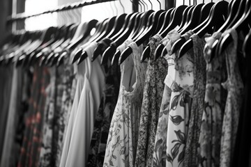 Poster - A black and white photo showcasing a rack of clothes. Perfect for fashion-related projects or illustrating a retail store concept