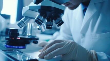 Aufkleber - A man wearing a lab coat is seen peering through a microscope. This image can be used to represent scientific research, laboratory work, or education
