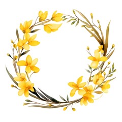 Wall Mural - Watercolor round frame of yellow Forsythia flower isolated on white background for wallpaper banner template cover