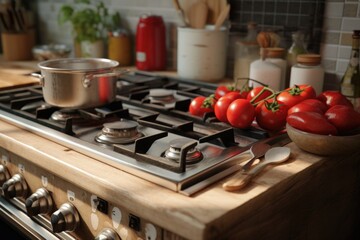 Aufkleber - A stove top with a bowl of fresh tomatoes. This image can be used to depict cooking, healthy eating, or farm-to-table concepts