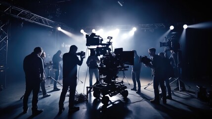 Poster - A group of people gathered around a camera, ready to capture the perfect shot. Ideal for illustrating teamwork, collaboration, or photography concepts