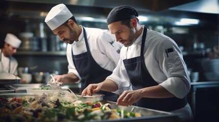 Wall Mural - Two chefs in a commercial kitchen preparing food. This image can be used to showcase the culinary skills of professional chefs and the vibrant atmosphere of a busy kitchen