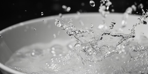 Poster - A detailed close-up image of a bowl filled with water and a captivating splash frozen in time. Perfect for capturing the beauty and dynamics of water. Ideal for use in various design projects
