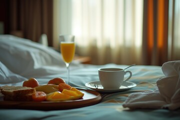 Aufkleber - A plate of fruit and a cup of coffee on a bed. Perfect for showcasing a healthy breakfast or a cozy morning routine.