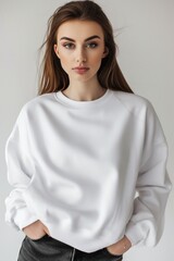 Poster - A woman wearing a white sweatshirt and black pants. This versatile image can be used in various contexts