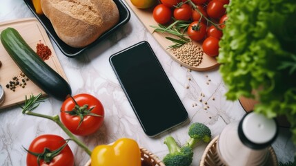 Poster - A cell phone is placed on top of a table next to fresh vegetables. This image can be used to depict healthy eating, technology in daily life, or a modern lifestyle