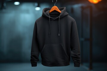 Poster - A black hoodie hanging on a hanger in a dark room. Perfect for fashion or clothing-related projects