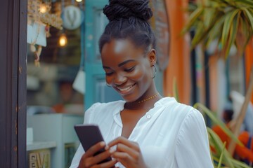 Poster - A woman is seen looking at her cell phone. This image can be used to depict modern technology and communication