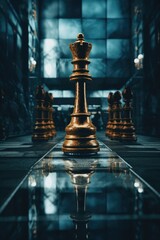 Poster - A chess board with a single chess piece in the center. Suitable for illustrating strategy, competition, or leisure activities