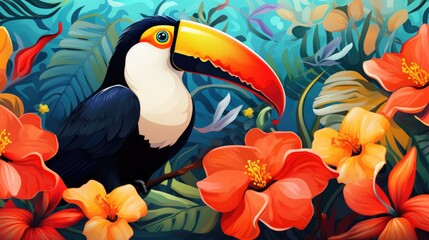Poster - Colorful toucan perched on a branch among vibrant flowers. Ideal for tropical-themed designs or nature-related projects