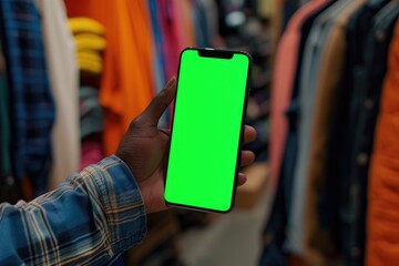 Aufkleber - A person holding a phone with a green screen. This image can be used for various purposes, such as showcasing a mobile app or website.