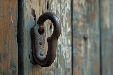Poster - A close-up view of a door handle on a wooden door. This image can be used to represent security, access, or home improvement themes