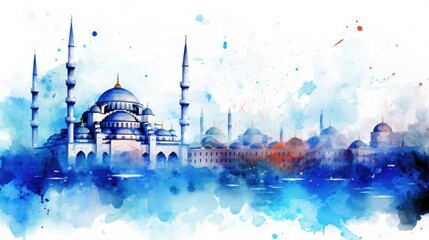 Aufkleber - A beautiful watercolor painting of a blue mosque. Perfect for adding a touch of elegance to any space