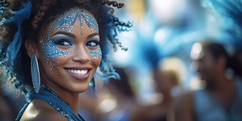 Poster - A woman with blue face paint and blue feathers on her head. Suitable for costume parties and theatrical performances
