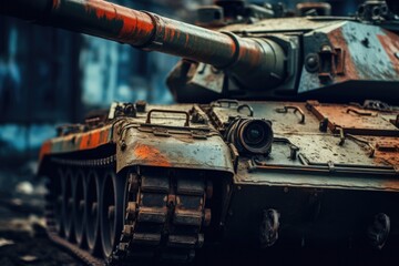 Poster - A rusted tank is pictured sitting on top of a train track. This image can be used to depict abandonment, decay, or a post-apocalyptic setting